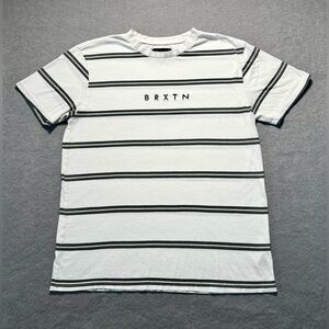 Brixton Men’s Large T-Shirt White Black Striped Spell Out Logo Cotton
